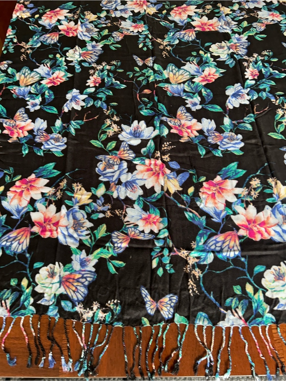 Black Floral Butterfly Scarf Wrap 34“ x 77“